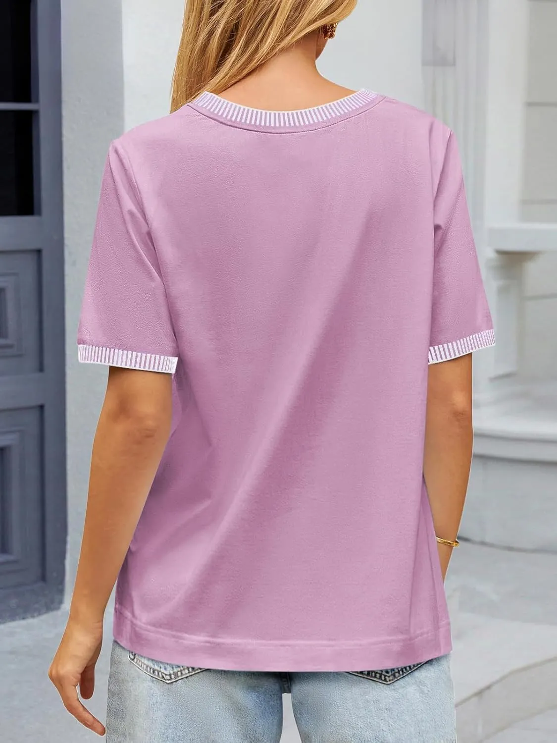ATHMILE Womens Short Sleeve Tops Striped Color Block T Shirts Summer Crewneck Loose Casual Tee 2025