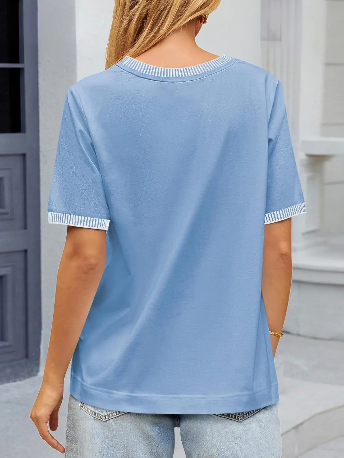 ATHMILE Womens Short Sleeve Tops Striped Color Block T Shirts Summer Crewneck Loose Casual Tee 2025