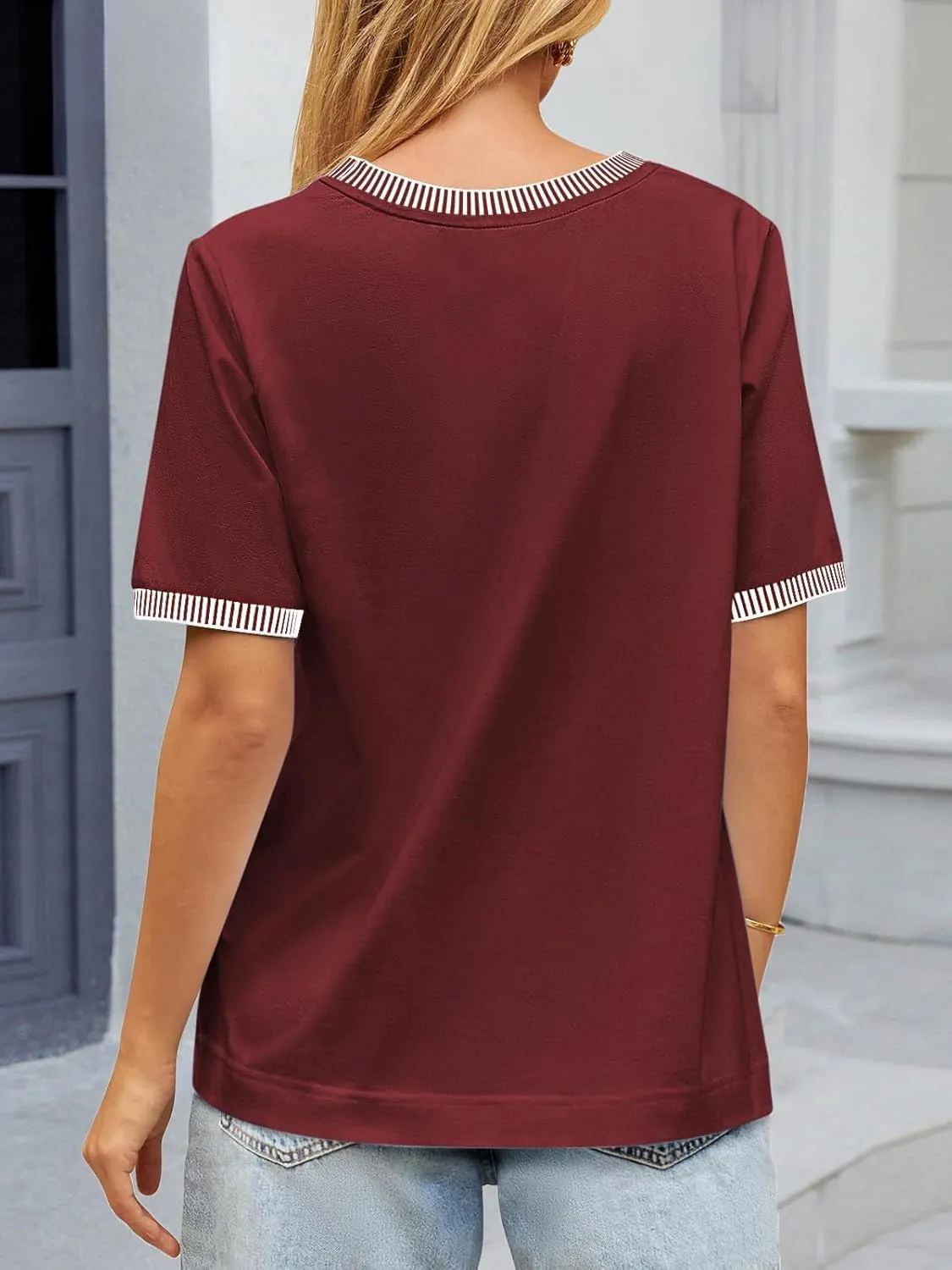 ATHMILE Womens Short Sleeve Tops Striped Color Block T Shirts Summer Crewneck Loose Casual Tee 2025