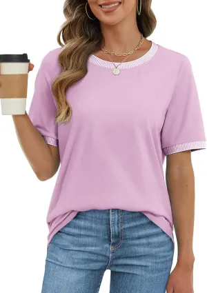 ATHMILE Womens Short Sleeve Tops Striped Color Block T Shirts Summer Crewneck Loose Casual Tee 2025