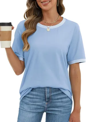 ATHMILE Womens Short Sleeve Tops Striped Color Block T Shirts Summer Crewneck Loose Casual Tee 2025