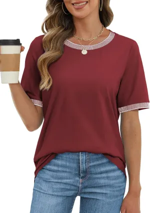 ATHMILE Womens Short Sleeve Tops Striped Color Block T Shirts Summer Crewneck Loose Casual Tee 2025