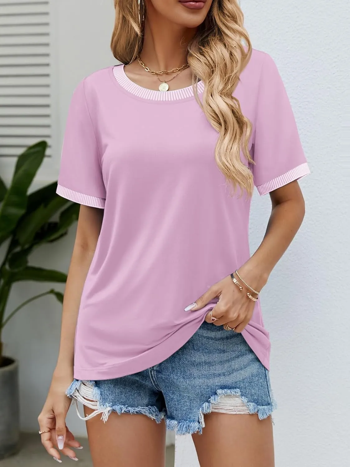 ATHMILE Womens Short Sleeve Tops Striped Color Block T Shirts Summer Crewneck Loose Casual Tee 2025