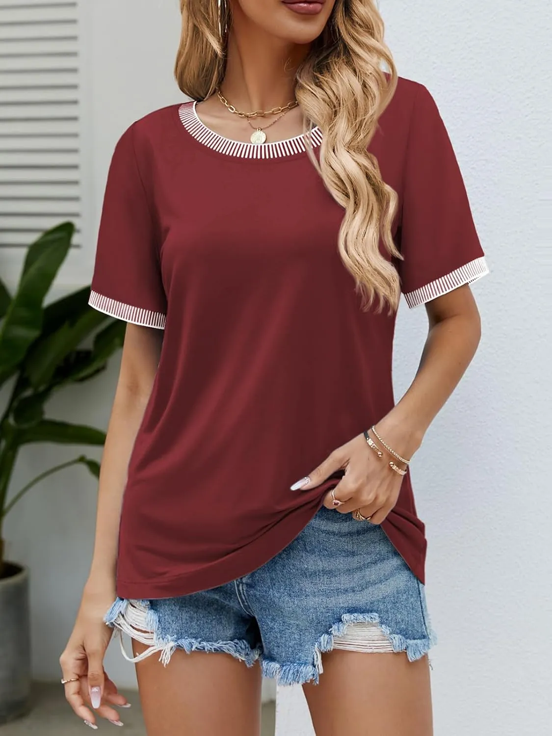 ATHMILE Womens Short Sleeve Tops Striped Color Block T Shirts Summer Crewneck Loose Casual Tee 2025