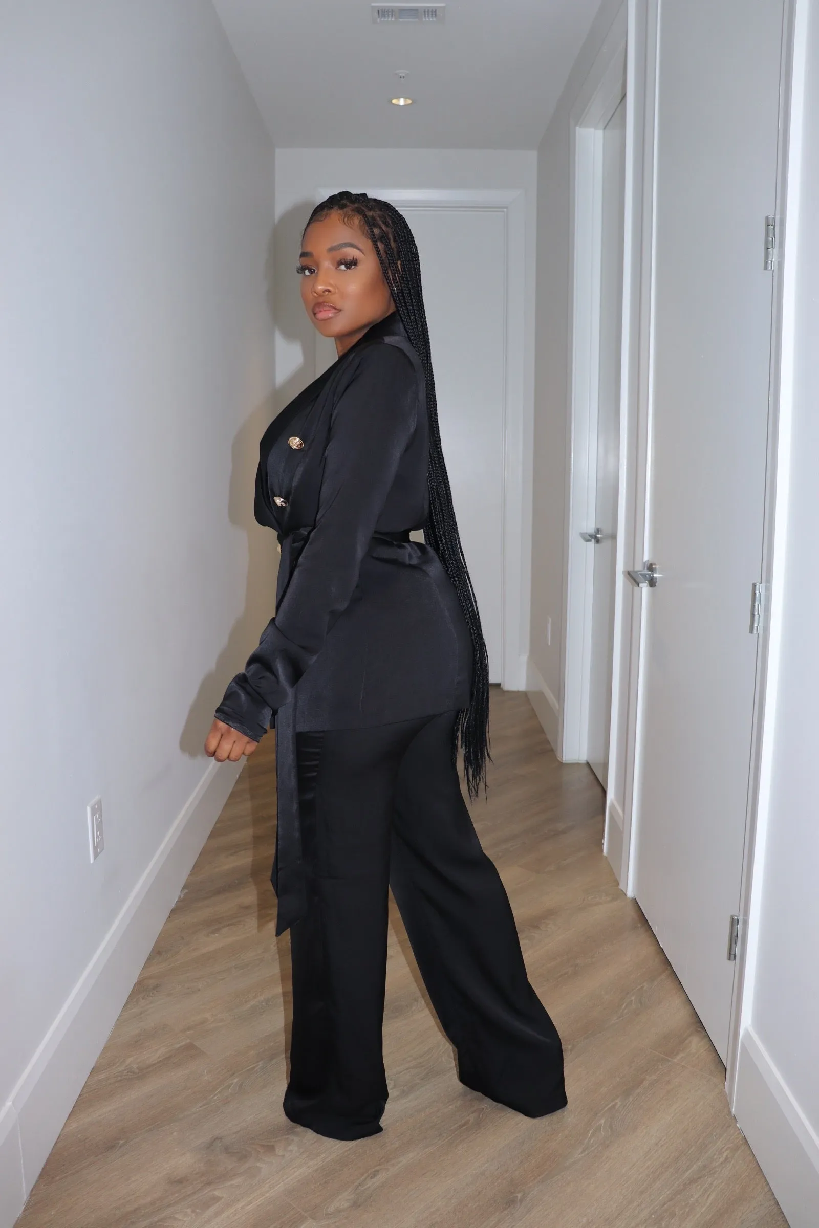 Black satin suit