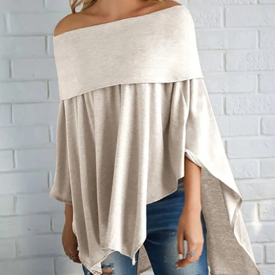 Fashion casual off-shoulder asymmetrical hem cropped curved hem gathered tights plain bat sleeve T-shirt