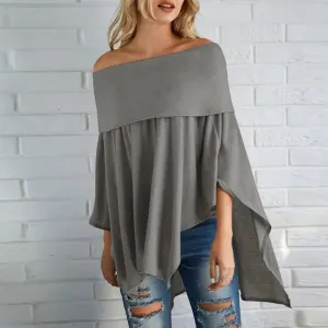 Fashion casual off-shoulder asymmetrical hem cropped curved hem gathered tights plain bat sleeve T-shirt