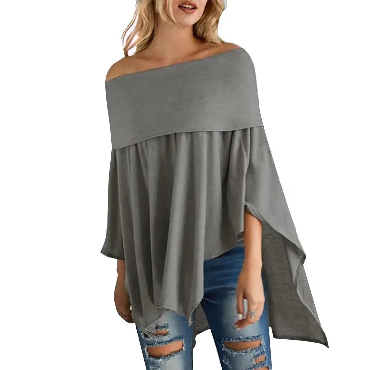 Fashion casual off-shoulder asymmetrical hem cropped curved hem gathered tights plain bat sleeve T-shirt