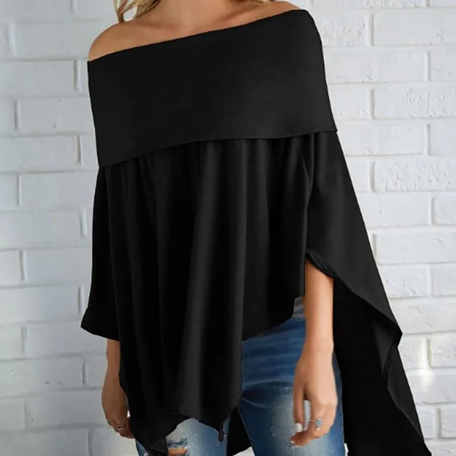 Fashion casual off-shoulder asymmetrical hem cropped curved hem gathered tights plain bat sleeve T-shirt