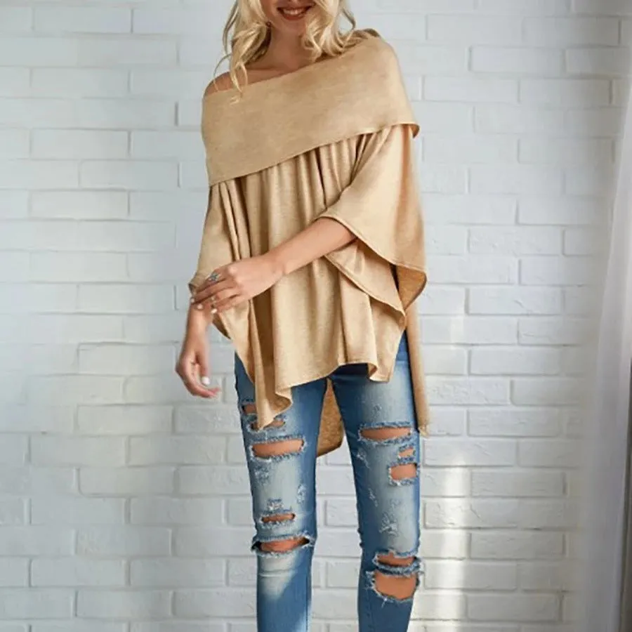 Fashion casual off-shoulder asymmetrical hem cropped curved hem gathered tights plain bat sleeve T-shirt
