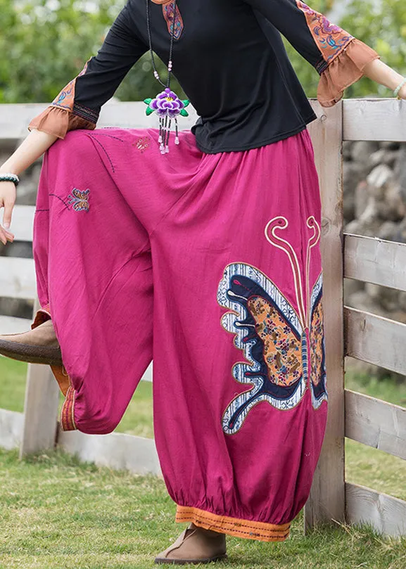 French Rose Embroideried Floral Linen Harem Pants TQ1013