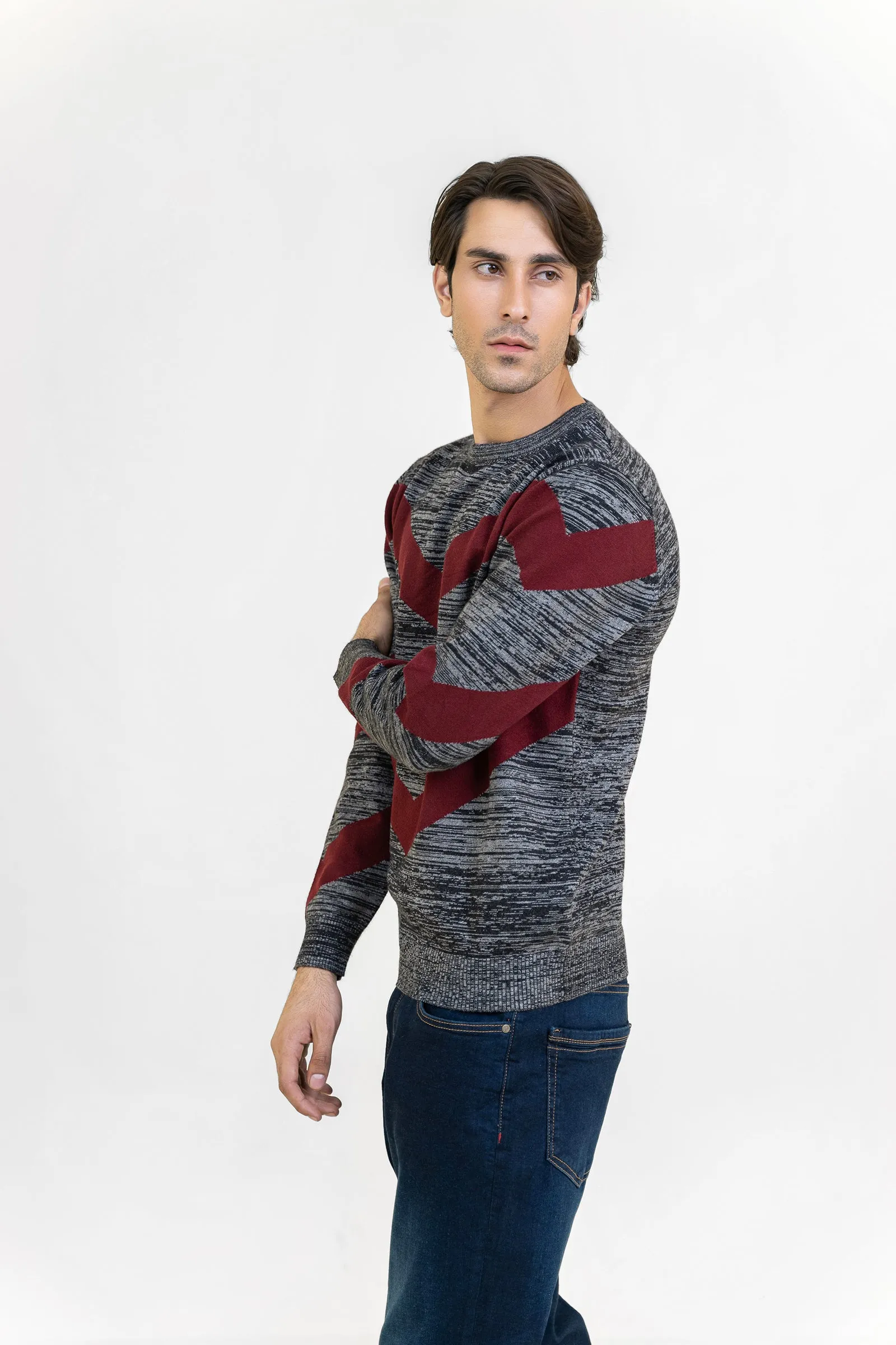 Gray and Maroon Round Neck Sweater