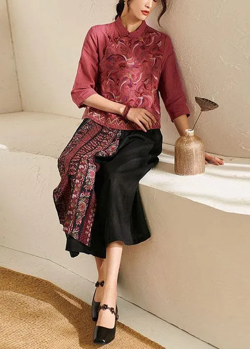 Italian Black Embroideried Wide Leg Summer Pants Linen