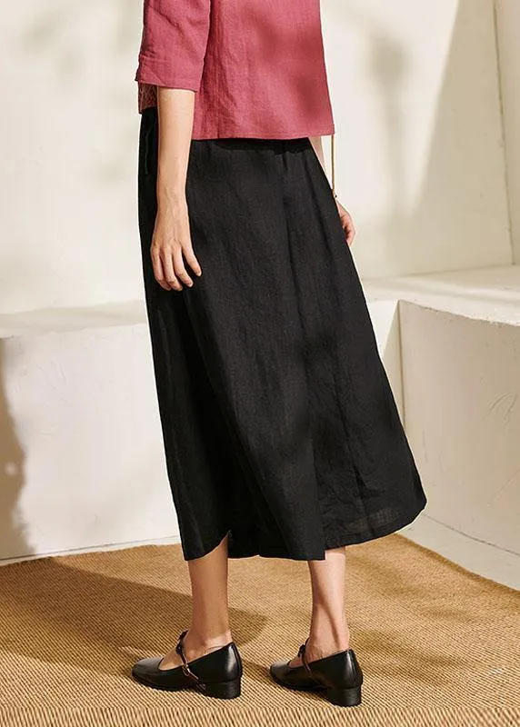 Italian Black Embroideried Wide Leg Summer Pants Linen