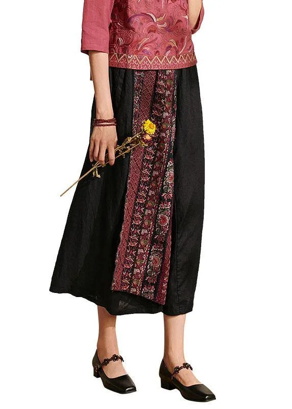 Italian Black Embroideried Wide Leg Summer Pants Linen