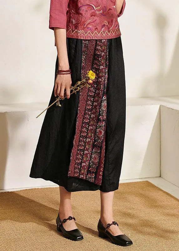 Italian Black Embroideried Wide Leg Summer Pants Linen