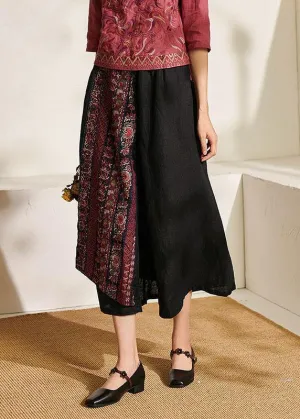Italian Black Embroideried Wide Leg Summer Pants Linen
