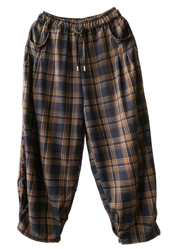 Italian Plaid Tie Waist Pockets Harem Fall Pants Cotton