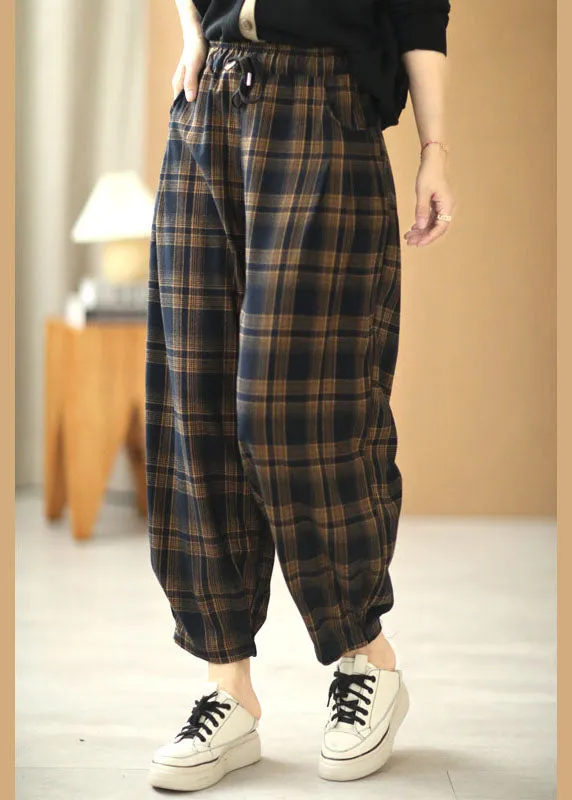 Italian Plaid Tie Waist Pockets Harem Fall Pants Cotton