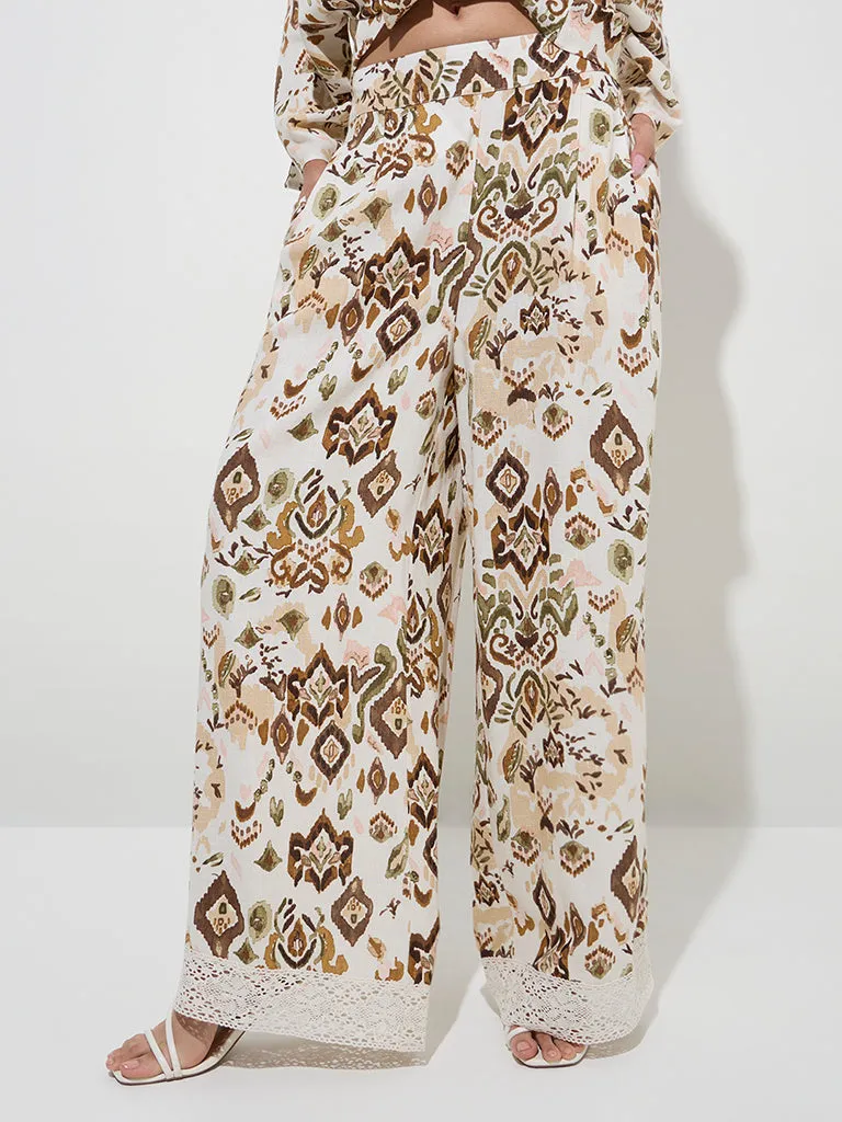 LOV Off-White Abstract Printed High-Rise Cotton-Blend Pants