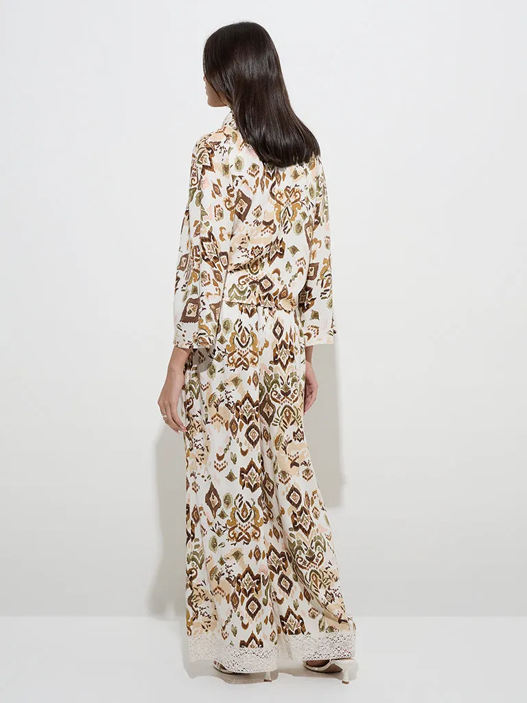 LOV Off-White Abstract Printed High-Rise Cotton-Blend Pants