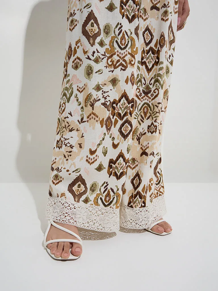 LOV Off-White Abstract Printed High-Rise Cotton-Blend Pants
