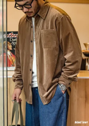 Maden Velvet Shirts Men's Long Sleeve Shirts Casual Solid Color Drapey Glossy Anti-wrinkle Layered Autumn Tops Loose Blouse