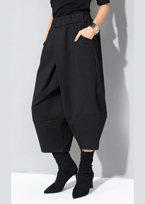 Modern Black Elastic Waist Patchwork Pockets Casual Fall Wide Leg Pants
