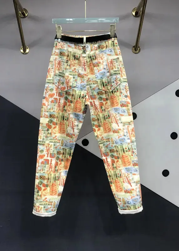 Modern Yellow Print Pockets Patchwork Denim Pants Fall ML0785