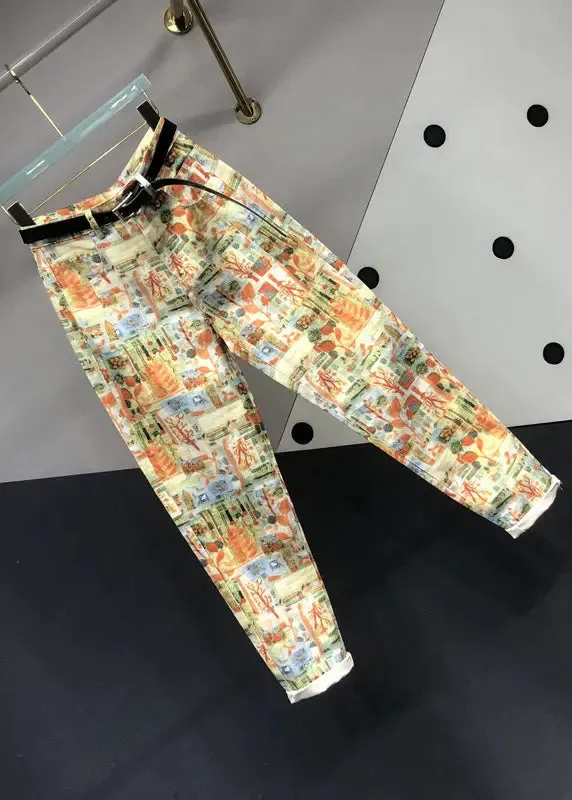 Modern Yellow Print Pockets Patchwork Denim Pants Fall ML0785
