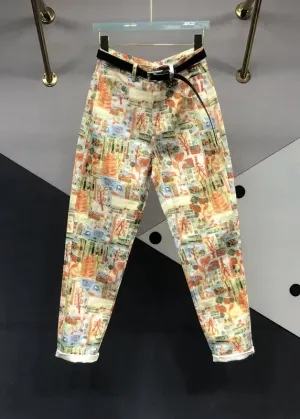Modern Yellow Print Pockets Patchwork Denim Pants Fall ML0785