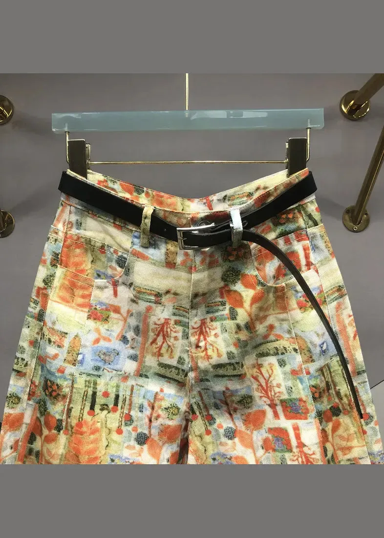 Modern Yellow Print Pockets Patchwork Denim Pants Fall ML0785