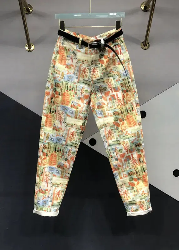 Modern Yellow Print Pockets Patchwork Denim Pants Fall ML0785