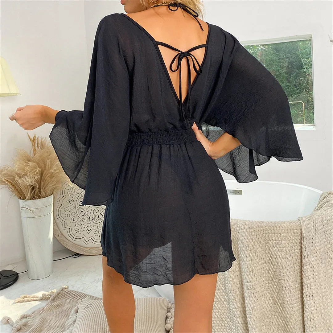 Natalie Deep V Neck Long Sleeve Backless Mini Dress