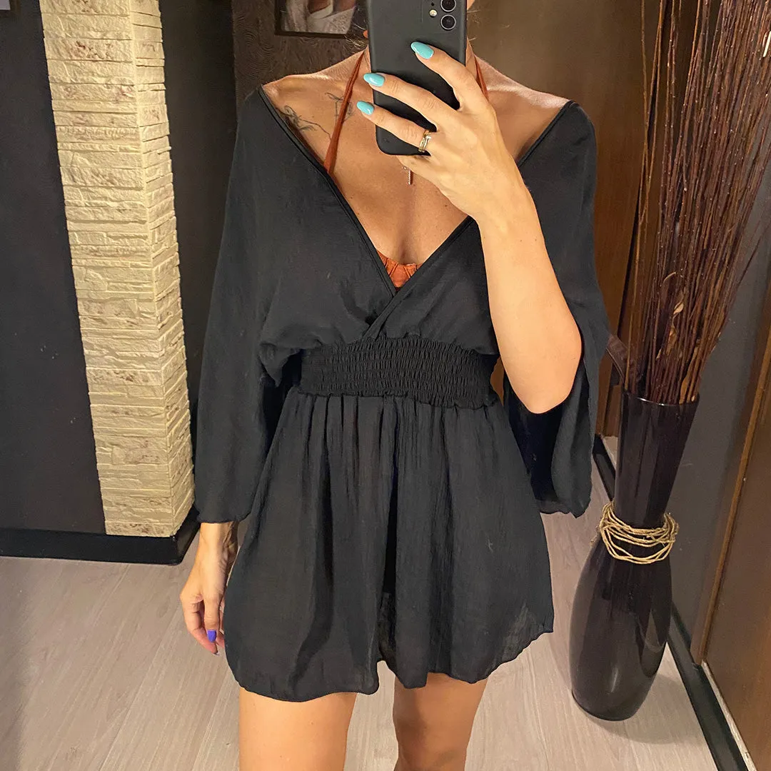 Natalie Deep V Neck Long Sleeve Backless Mini Dress