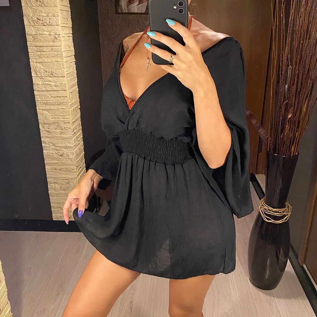 Natalie Deep V Neck Long Sleeve Backless Mini Dress