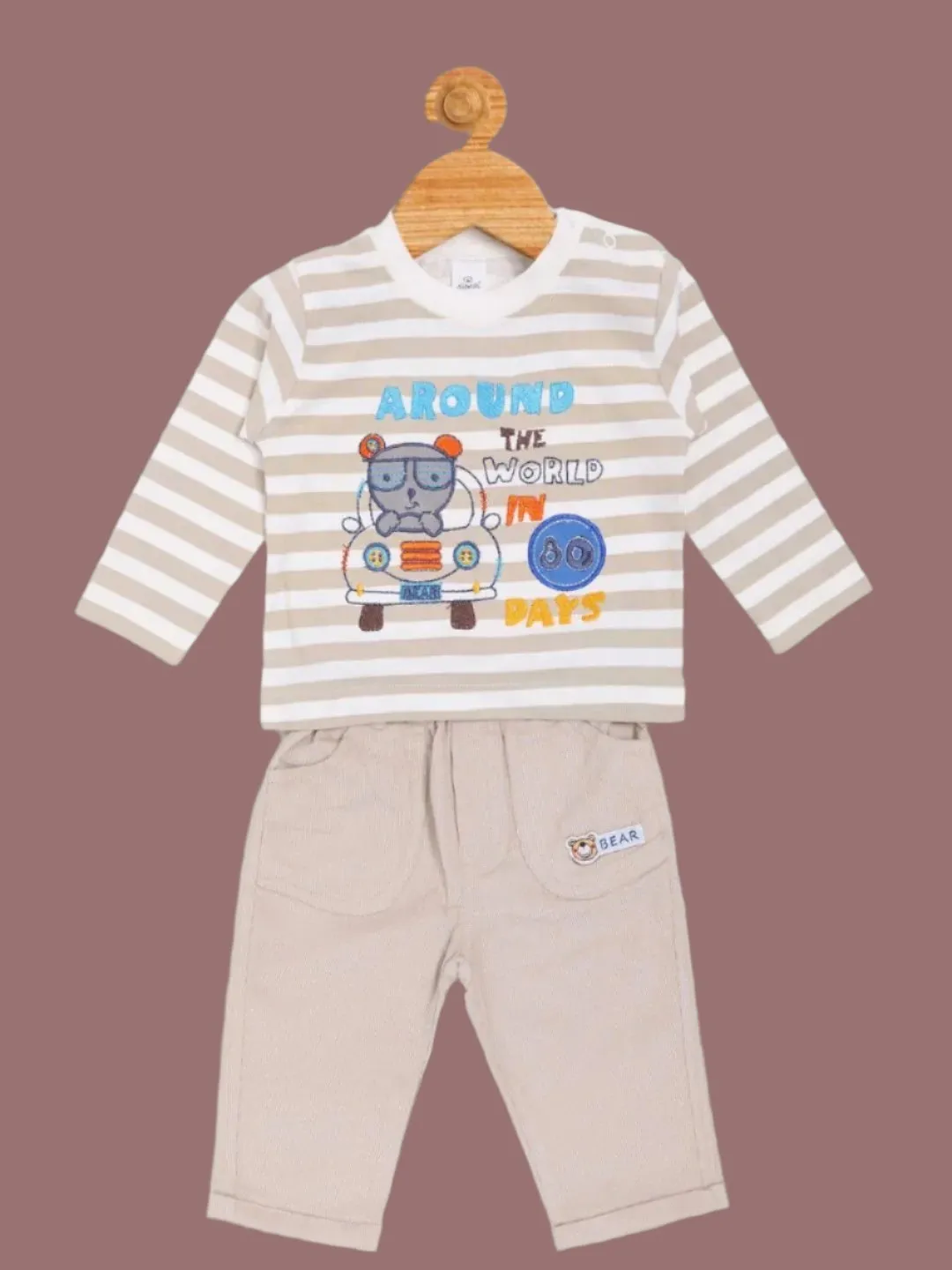 Olio Kids Boy’s Beige Striped Long Sleeve T-Shirt and Pants Set
