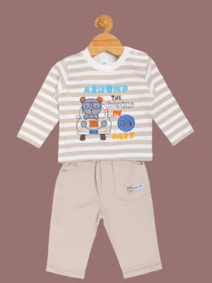 Olio Kids Boy’s Beige Striped Long Sleeve T-Shirt and Pants Set