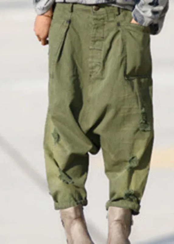 Organic Green Pockets Hole Harem Fall Denim Pants