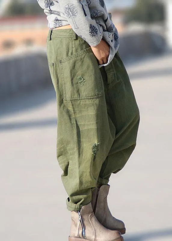 Organic Green Pockets Hole Harem Fall Denim Pants