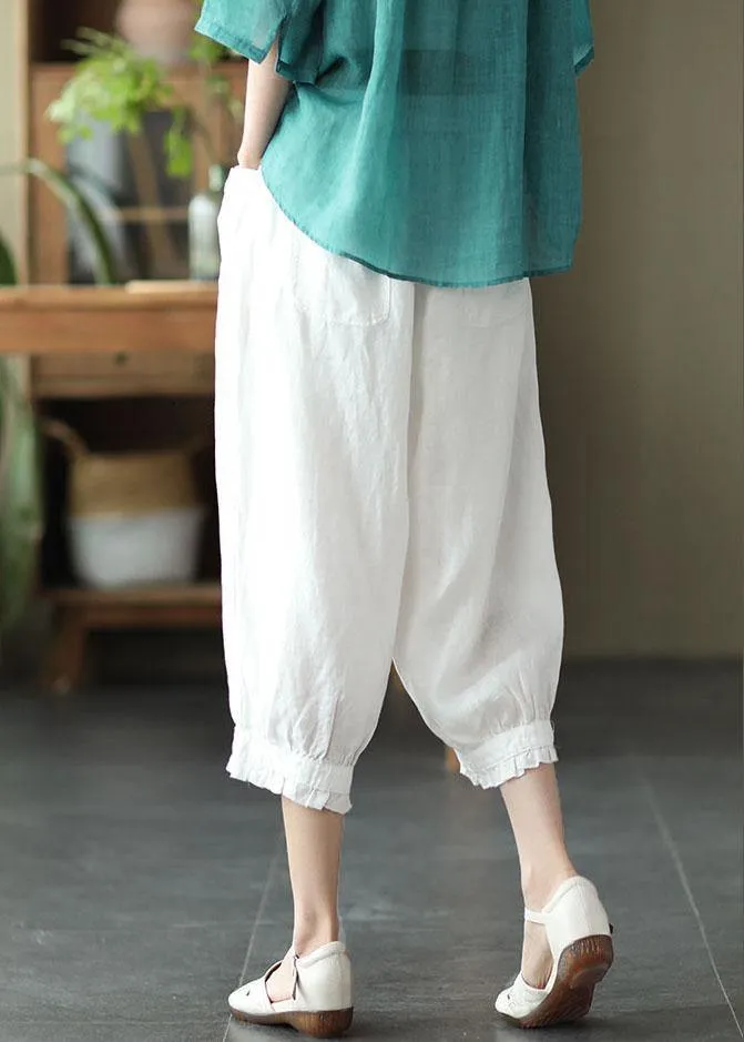 Plus Size White Pockets Harem Summer Pants Linen