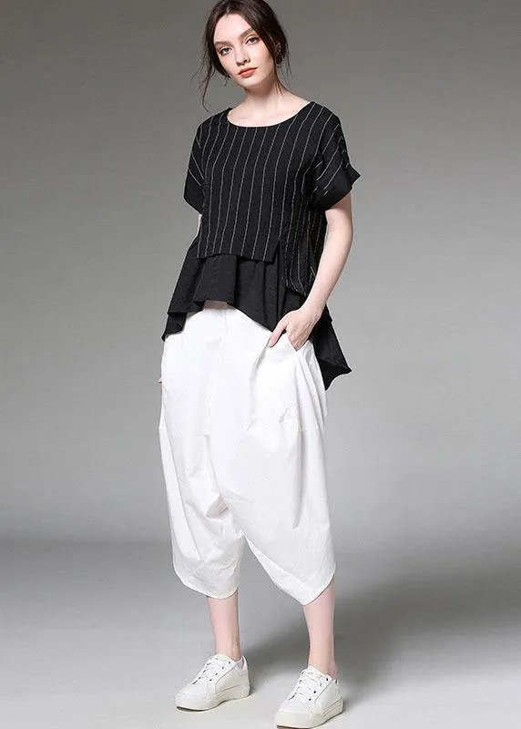 Plus Size White Pockets Patchwork Cotton Casual Harem Pants