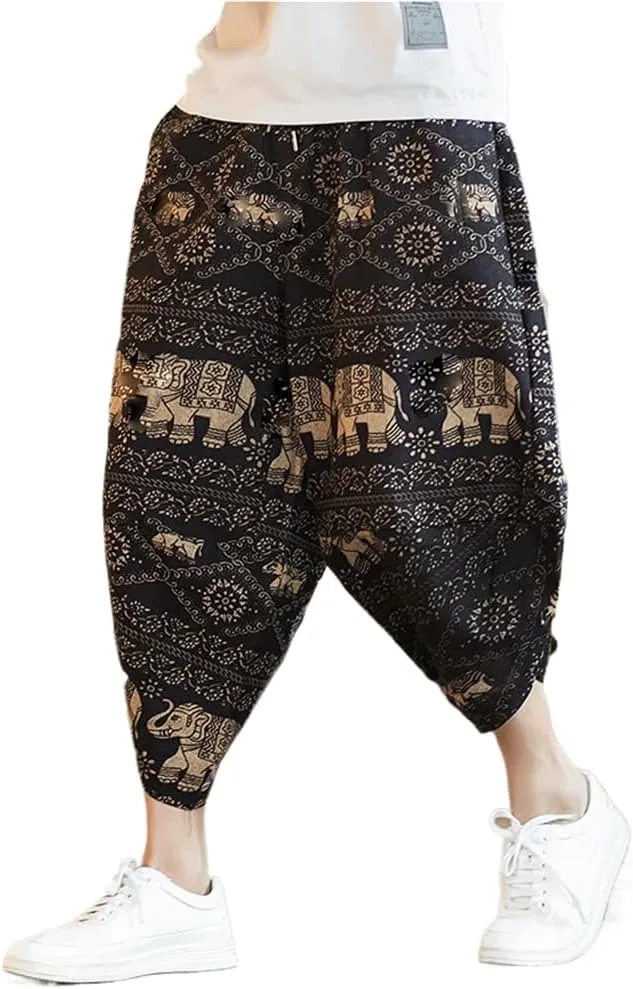 Summer Length Casual Men's Pants Wide Leg Cotton Linen Harem Baggy Clothing