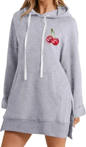 The Warmy Oversized Hoodie Dress Women Casual Cherry Print Long Sleeve Warmy Hoodie Split Hem Hoodies with Pocket