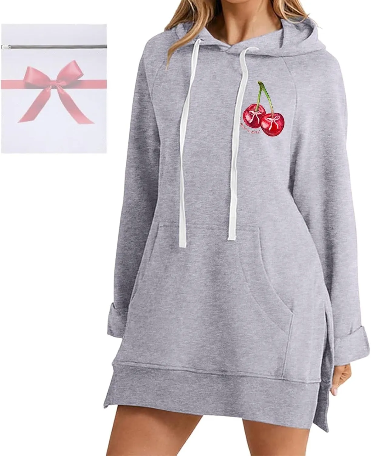 The Warmy Oversized Hoodie Dress Women Casual Cherry Print Long Sleeve Warmy Hoodie Split Hem Hoodies with Pocket