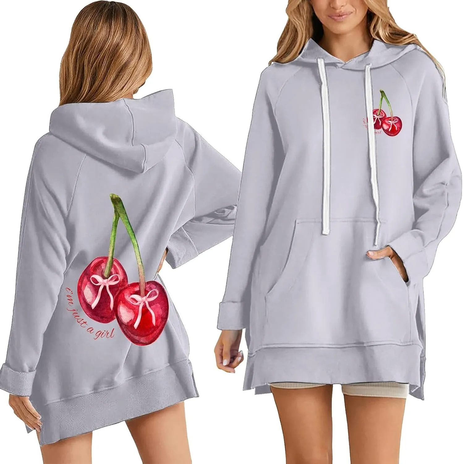 The Warmy Oversized Hoodie Dress Women Casual Cherry Print Long Sleeve Warmy Hoodie Split Hem Hoodies with Pocket