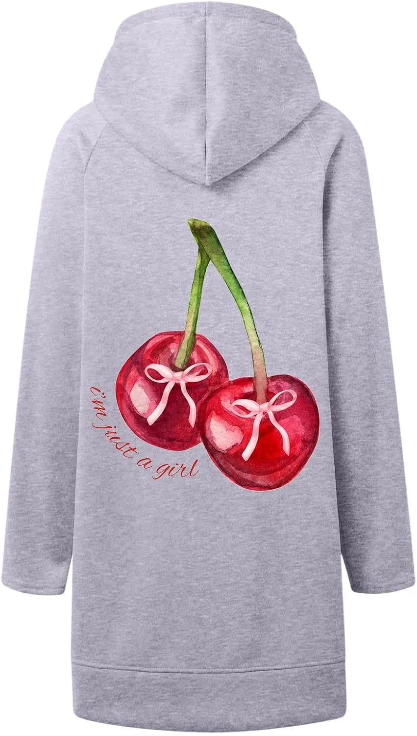 The Warmy Oversized Hoodie Dress Women Casual Cherry Print Long Sleeve Warmy Hoodie Split Hem Hoodies with Pocket