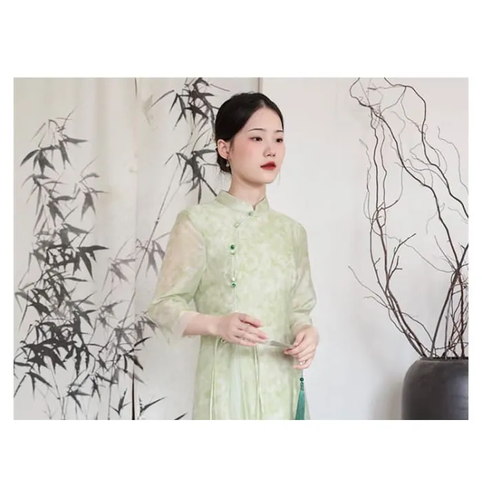 Traditional Chinese Long-Sleeve Print Maxi A-Line Dress / Pants
