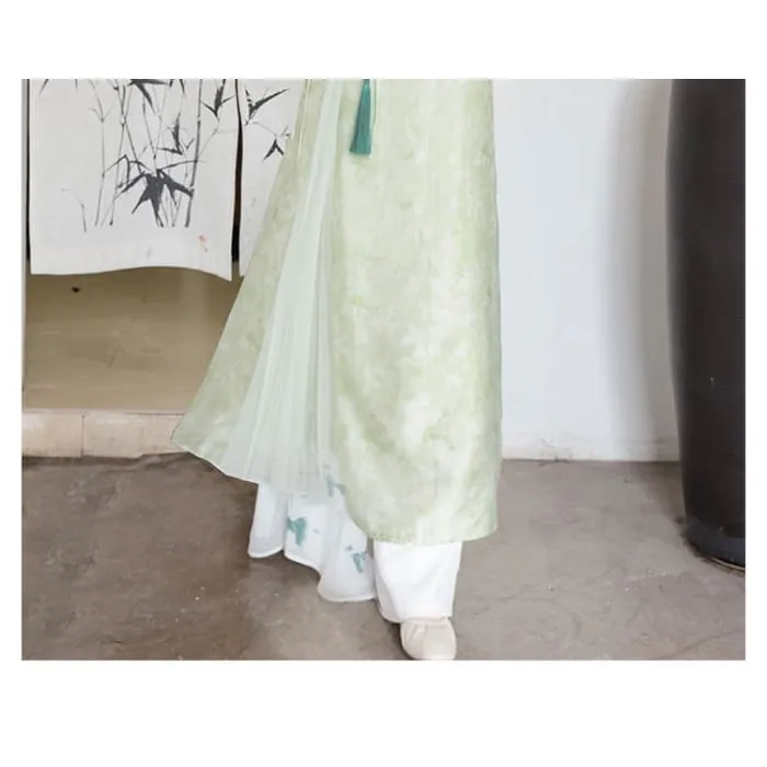 Traditional Chinese Long-Sleeve Print Maxi A-Line Dress / Pants