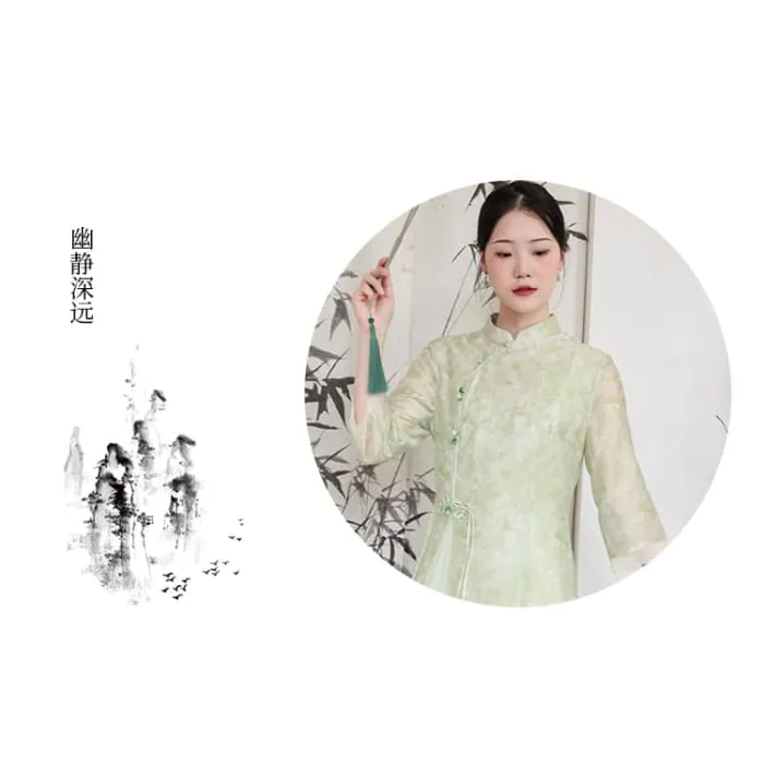 Traditional Chinese Long-Sleeve Print Maxi A-Line Dress / Pants